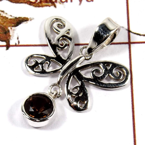 Smokey Cut B - SSP814-Solid 925 Sterling Silver Butterfly Pendant Gorgeous Cut Gemstone