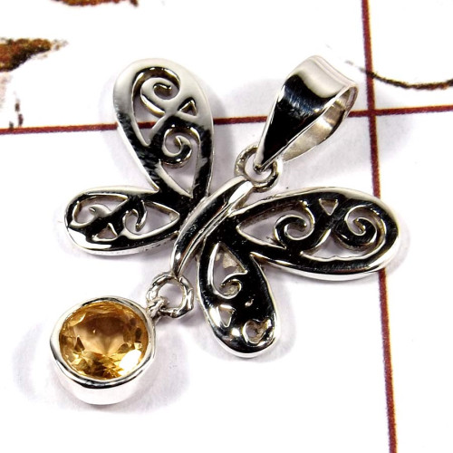 Citrine Cut O - SSP814-Solid 925 Sterling Silver Butterfly Pendant Gorgeous Cut Gemstone
