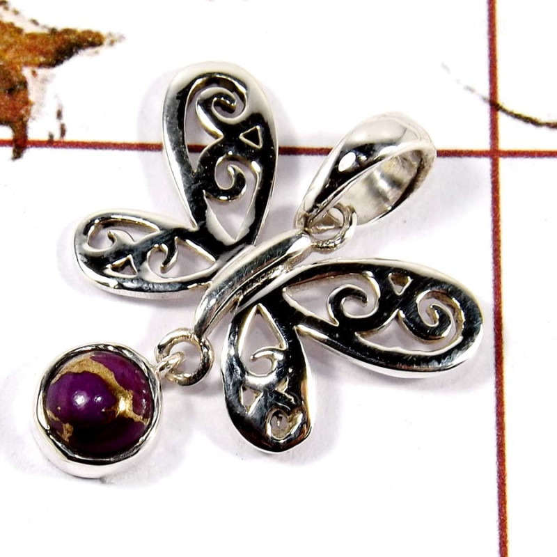 Purple Copper Turquoise Cab O - SSP813-925 Silver Butterfly Design Light Weight Pendant With Cab Gemstone Purple Copper Turquoise Cab O - SSP813-925 Silver Butterfly Design Light Weight Pendant With Cab Gemstone