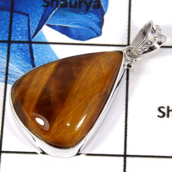 Tiger Eye Cab O - ISP643-Solid 925 Sterling Silver Plain Setting Pendant Brown Tiger Eye Gemstone