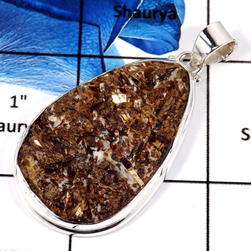 Astrophyllite Rough O - ISP642-Natural Astrophyllite Rough Stone Pendant 925 Sterling Silver Plain Setting