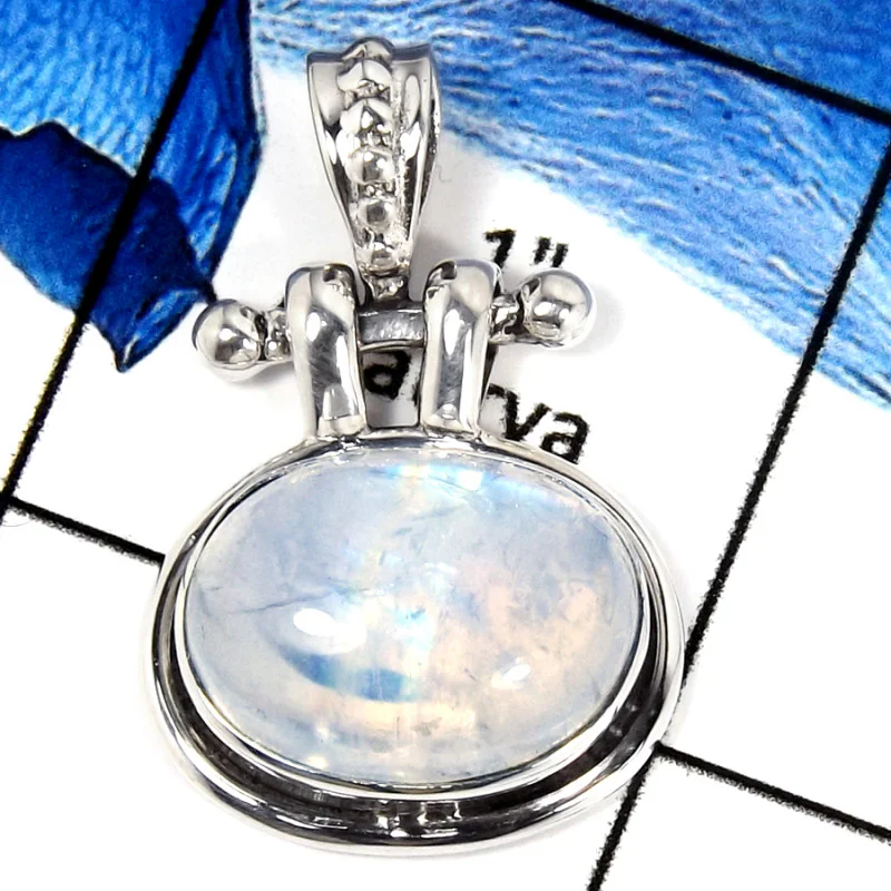 Rainbow Moonstone Cab C - SD546-Solid 925 Sterling Silver Designer Pendant With Cab Gemstone Rainbow Moonstone Cab C - SD546-Solid 925 Sterling Silver Designer Pendant With Cab Gemstone