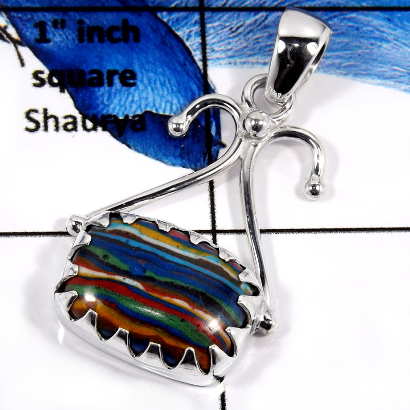 Rainbow Calsilica Cab O - SSP804-Stunning Handmade Design 925 Silver Pendant With Cab Gemstone
