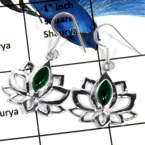 Green Onyx Cab A - SDE673-Exclusive 925 Sterling Silver Flower Design Earrings With Cab Gemstone