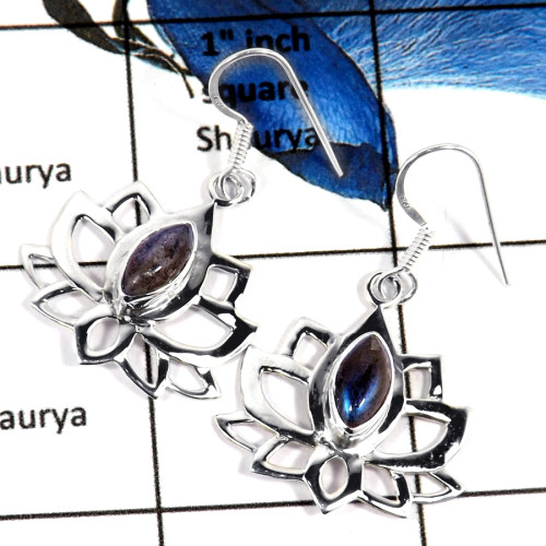 Labradorite Cab B - SDE673-Exclusive 925 Sterling Silver Flower Design Earrings With Cab Gemstone