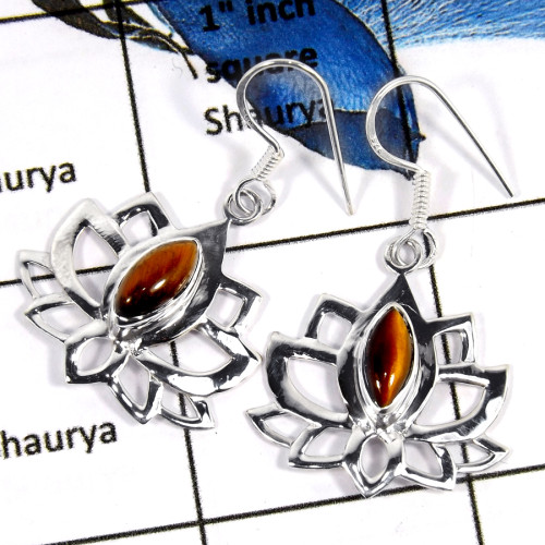 Tiger Eye Cab F - SDE673-Exclusive 925 Sterling Silver Flower Design Earrings With Cab Gemstone