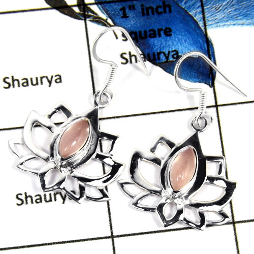 Rose Quartz Cab J - SDE673-Exclusive 925 Sterling Silver Flower Design Earrings With Cab Gemstone