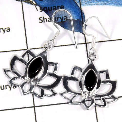 Black Onyx Cab K - SDE673-Exclusive 925 Sterling Silver Flower Design Earrings With Cab Gemstone