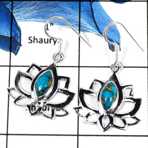 Blue Copper Turquoise Cab O - SDE673-Exclusive 925 Sterling Silver Flower Design Earrings With Cab Gemstone