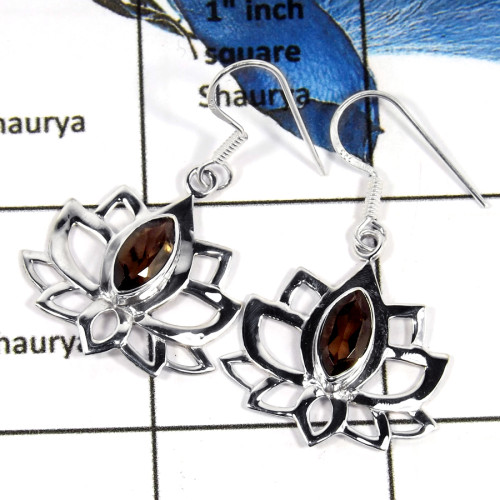 Smokey Cut A - SDE672-Pretty Look Natural Cut Gemstone Flower Design Earrings 925 Sterling Silver