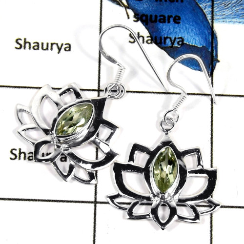 Green Amethyst Cut B - SDE672-Pretty Look Natural Cut Gemstone Flower Design Earrings 925 Sterling Silver