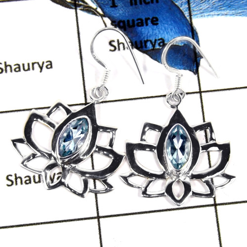 Blue Topaz Cut D - SDE672-Pretty Look Natural Cut Gemstone Flower Design Earrings 925 Sterling Silver