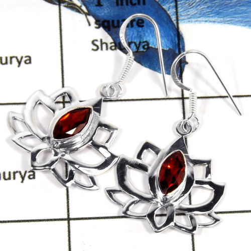 Garnet Cut F - SDE672-Pretty Look Natural Cut Gemstone Flower Design Earrings 925 Sterling Silver