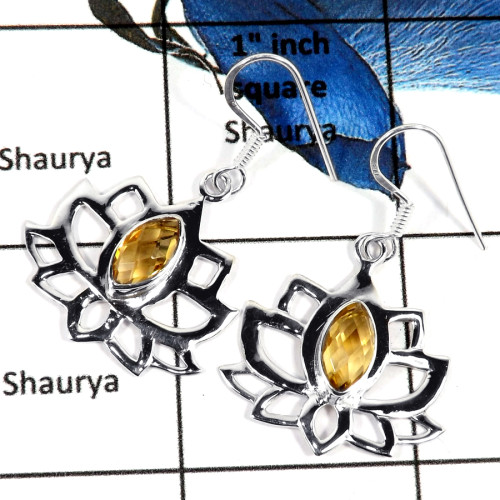 Citrine Cut G - SDE672-Pretty Look Natural Cut Gemstone Flower Design Earrings 925 Sterling Silver