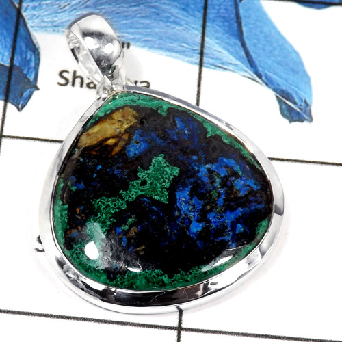 Malachite In Azurite Cab C - ISP637-Glorious Malachite In Azurite Cab Gemstone Pendant 925 Sterling Silver Plain Setting
