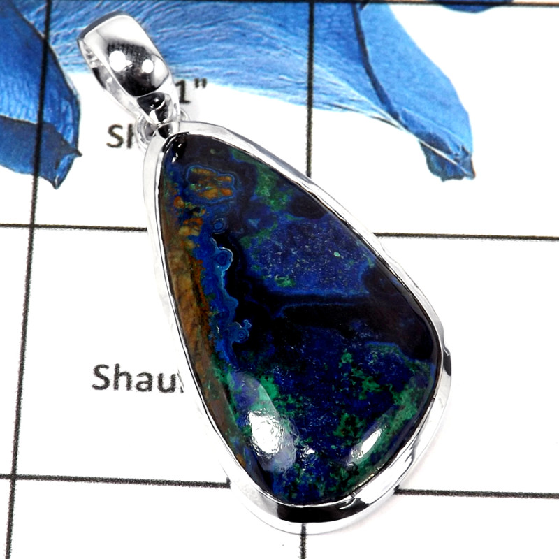 Malachite In Azurite Cab E - ISP637-Glorious Malachite In Azurite Cab Gemstone Pendant 925 Sterling Silver Plain Setting