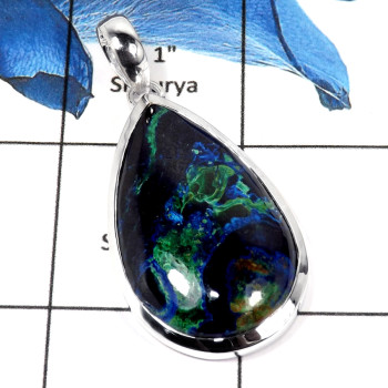 Malachite In Azurite Cab G - ISP637-Glorious Malachite In Azurite Cab Gemstone Pendant 925 Sterling Silver Plain Setting
