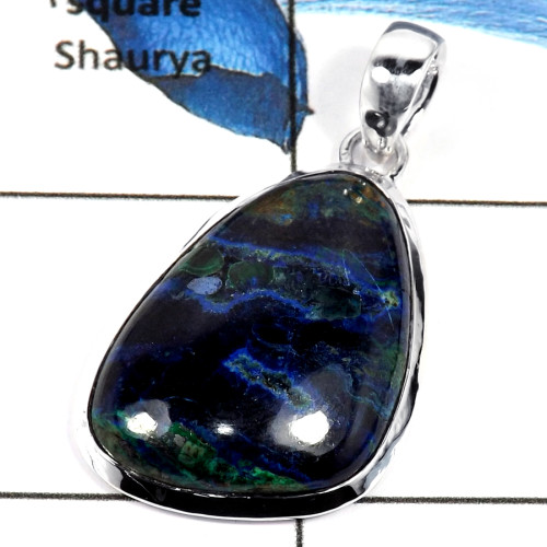 Malachite In Azurite Cab A - ISP635-Awesome Malachite In Azurite Stone Plain Setting Pendant 925 Sterling Silver