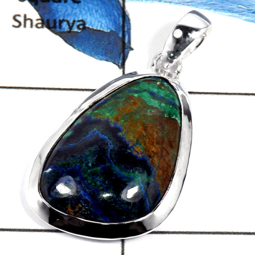 Malachite In Azurite Cab B - ISP635-Awesome Malachite In Azurite Stone Plain Setting Pendant 925 Sterling Silver