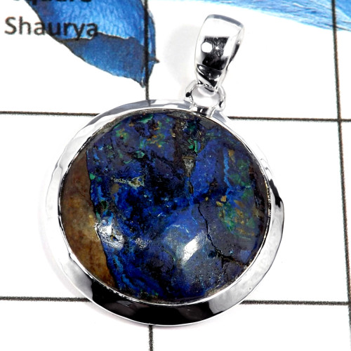 Malachite In Azurite Cab C - ISP635-Awesome Malachite In Azurite Stone Plain Setting Pendant 925 Sterling Silver