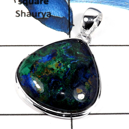 Malachite In Azurite Cab D - ISP635-Awesome Malachite In Azurite Stone Plain Setting Pendant 925 Sterling Silver