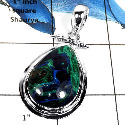 Malachite In Azurite Cab E - ISP635-Awesome Malachite In Azurite Stone Plain Setting Pendant 925 Sterling Silver
