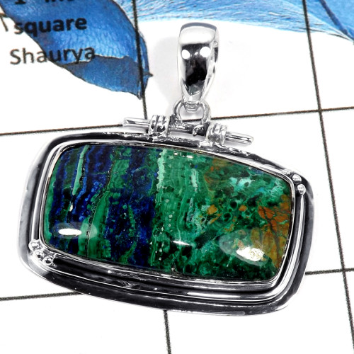 Malachite In Azurite Cab F - ISP635-Awesome Malachite In Azurite Stone Plain Setting Pendant 925 Sterling Silver