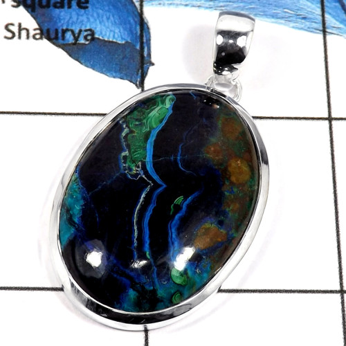 Malachite In Azurite Cab G - ISP635-Awesome Malachite In Azurite Stone Plain Setting Pendant 925 Sterling Silver
