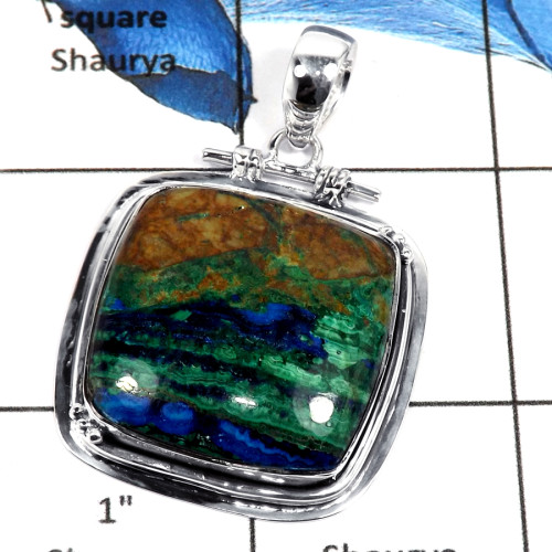 Malachite In Azurite Cab H - ISP635-Awesome Malachite In Azurite Stone Plain Setting Pendant 925 Sterling Silver