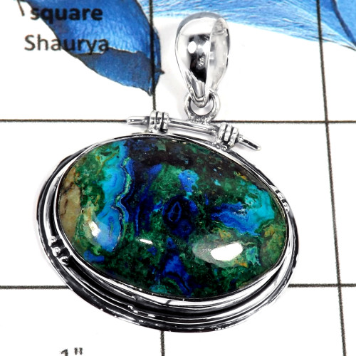 Malachite In Azurite Cab I - ISP635-Awesome Malachite In Azurite Stone Plain Setting Pendant 925 Sterling Silver