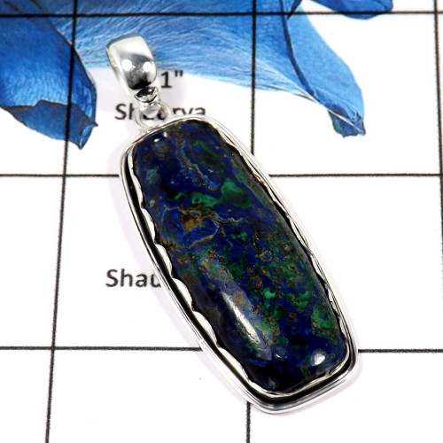 Malachite In Azurite Cab A - ISP631-Indian Factory Made Malachite In Azurite Chunky Pendant 925 Sterling Silver Malachite In Azurite Cab A - ISP631-Indian Factory Made Malachite In Azurite Chunky Pendant 925 Sterling Silver