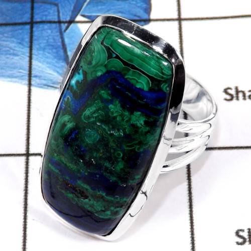 Malachite In Azurite Cab H - PSR755-Gorgeous Malachite In Azurite Chunky Ring 925 Sterling Silver Plain