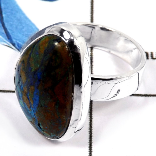 Natural Crack Malachite In Azurite Cab A - PSR753-Indian Company Made Malachite In Azurite Gemstone 925 Silver Plain Setting Rin