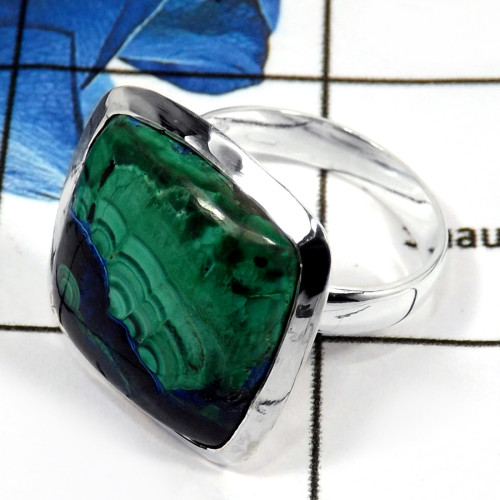 Malachite In Azurite Cab C - PSR753-Indian Company Made Malachite In Azurite Gemstone 925 Silver Plain Setting Ring