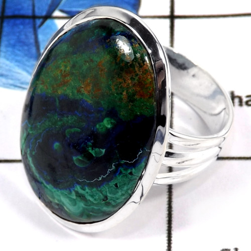 Malachite In Azurite Cab D - PSR753-Indian Company Made Malachite In Azurite Gemstone 925 Silver Plain Setting Ring