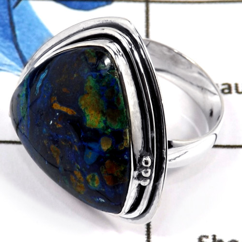 Malachite In Azurite Cab E - PSR753-Indian Company Made Malachite In Azurite Gemstone 925 Silver Plain Setting Ring