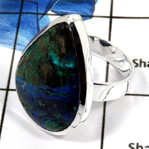 Malachite In Azurite Cab F - PSR753-Indian Company Made Malachite In Azurite Gemstone 925 Silver Plain Setting Ring