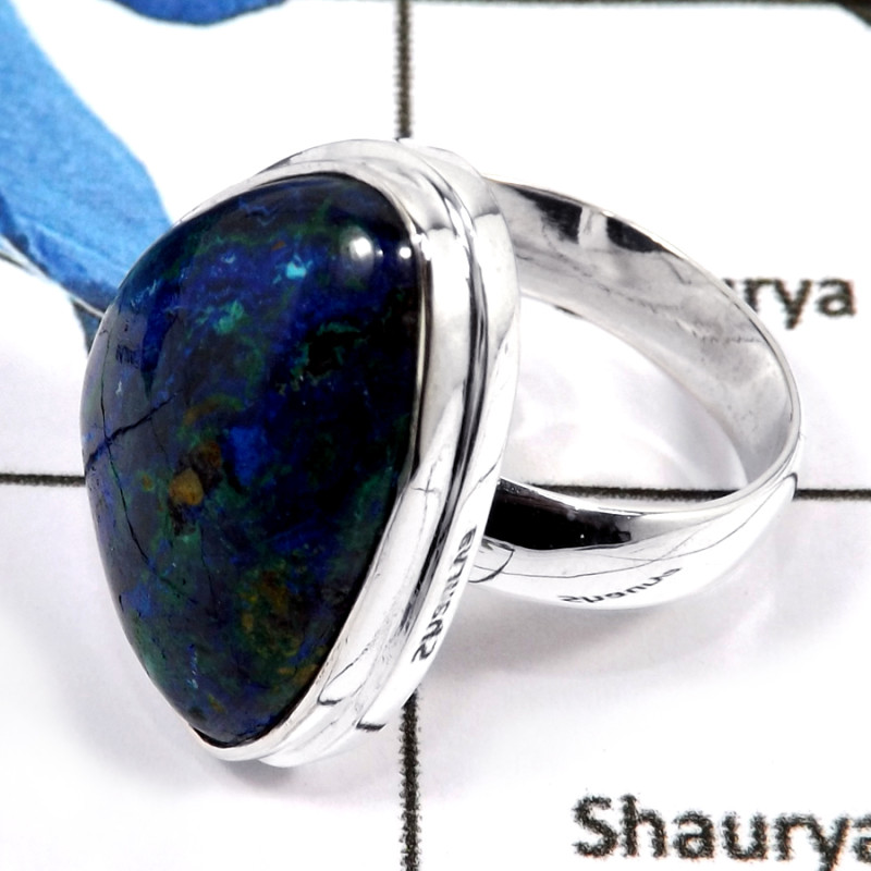 Natural Crack Malachite In Azurite Cab G - PSR753-Indian Company Made Malachite In Azurite Gemstone 925 Silver Plain Setting Rin