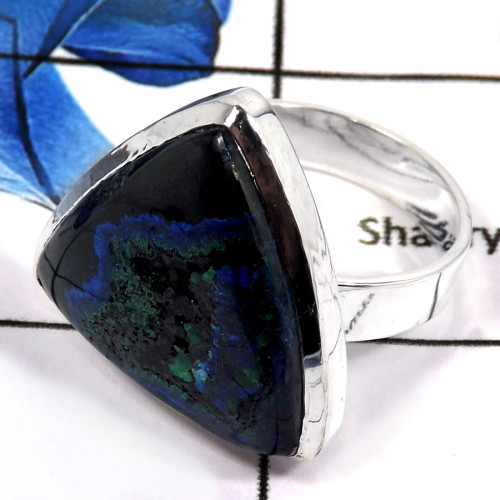 Natural Crack Malachite In Azurite Cab H - PSR753-Indian Company Made Malachite In Azurite Gemstone 925 Silver Plain Setting Rin