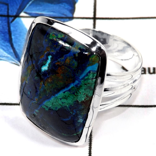 Natural Crack Malachite In Azurite Cab O - PSR753-Indian Company Made Malachite In Azurite Gemstone 925 Silver Plain Setting Rin