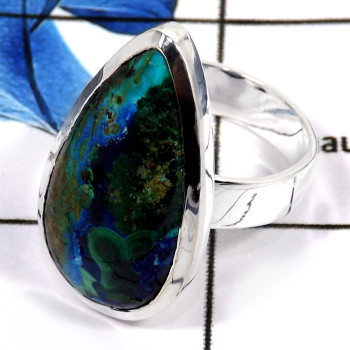 Malachite In Azurite Cab C - PSR751-Classic Malachite In Azurite Large Ring 925 Sterling Silver Plain Setting