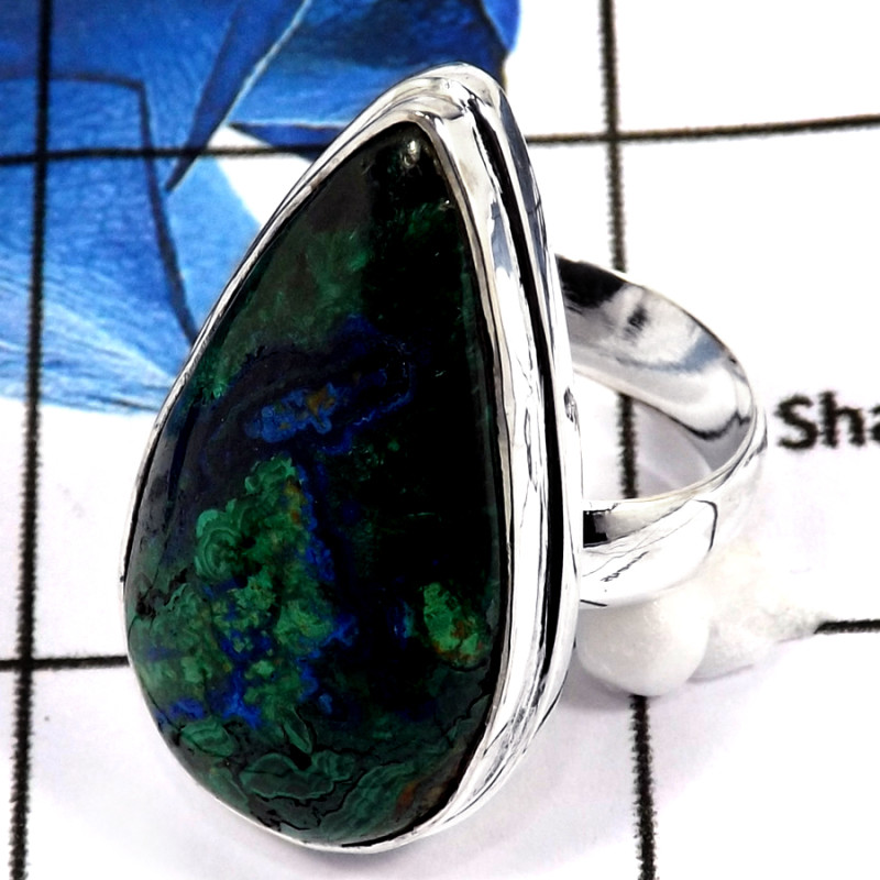 Malachite In Azurite Cab H - PSR751-Classic Malachite In Azurite Large Ring 925 Sterling Silver Plain Setting