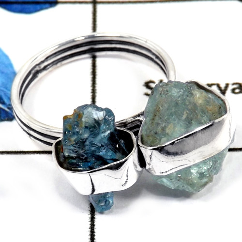 Aquamarine Rough B - PSR745-Natural Aquamarine Rough Plain Setting Wholesale Rings 925 Sterling Silver