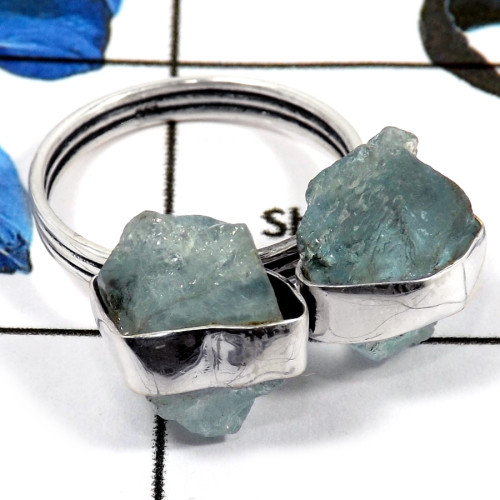 Aquamarine Rough H - PSR745-Natural Aquamarine Rough Plain Setting Wholesale Rings 925 Sterling Silver