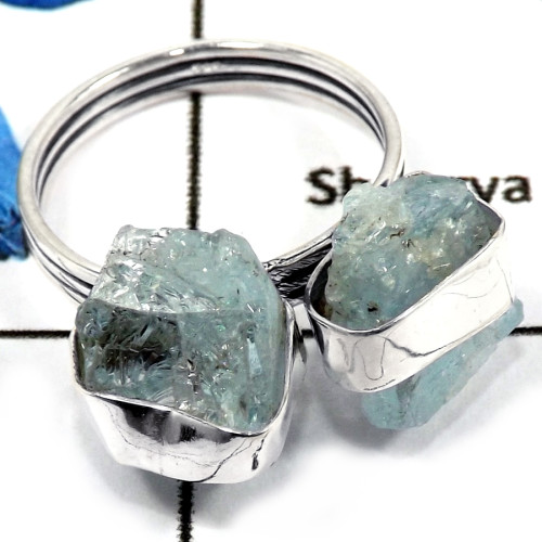 Aquamarine Rough L - PSR745-Natural Aquamarine Rough Plain Setting Wholesale Rings 925 Sterling Silver
