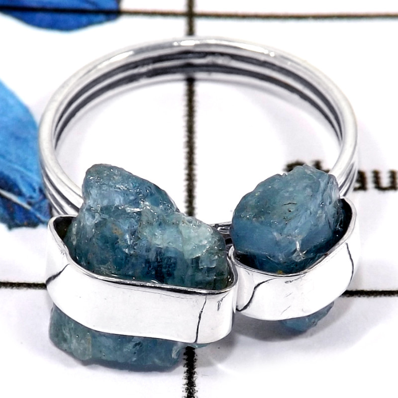 Aquamarine Rough O - PSR745-Natural Aquamarine Rough Plain Setting Wholesale Rings 925 Sterling Silver