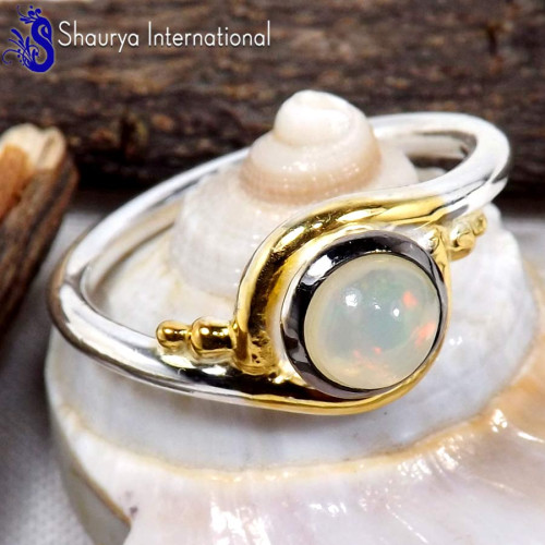 Ethiopian Opal Cab A - SFJ900-Natural Ethiopian Opal Three Tone Light Weight Ring Solid 925 Sterling Silver