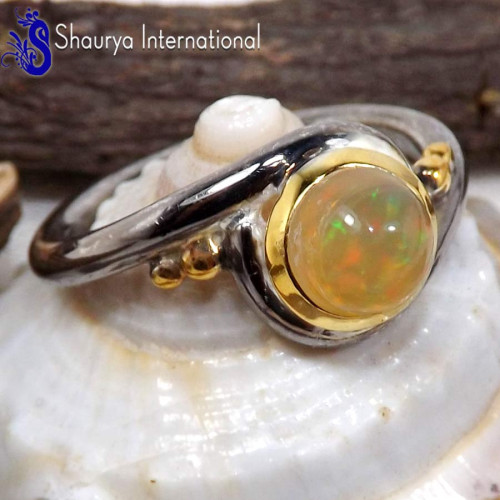 Ethiopian Opal Cab D - SFJ900-Natural Ethiopian Opal Three Tone Light Weight Ring Solid 925 Sterling Silver