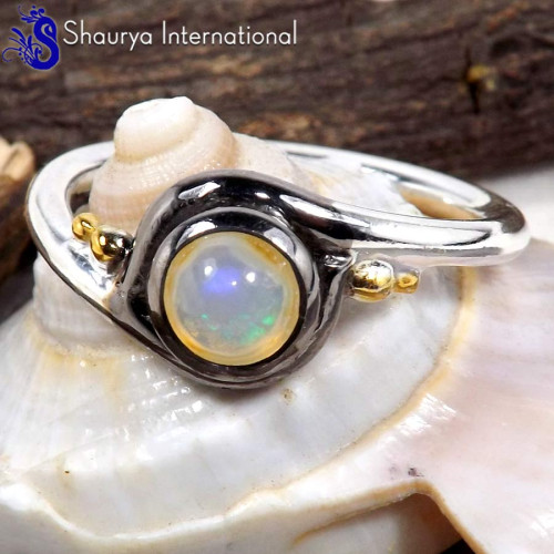 Ethiopian Opal Cab F - SFJ900-Natural Ethiopian Opal Three Tone Light Weight Ring Solid 925 Sterling Silver