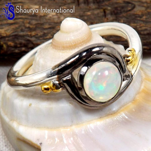 Ethiopian Opal Cab G - SFJ900-Natural Ethiopian Opal Three Tone Light Weight Ring Solid 925 Sterling Silver